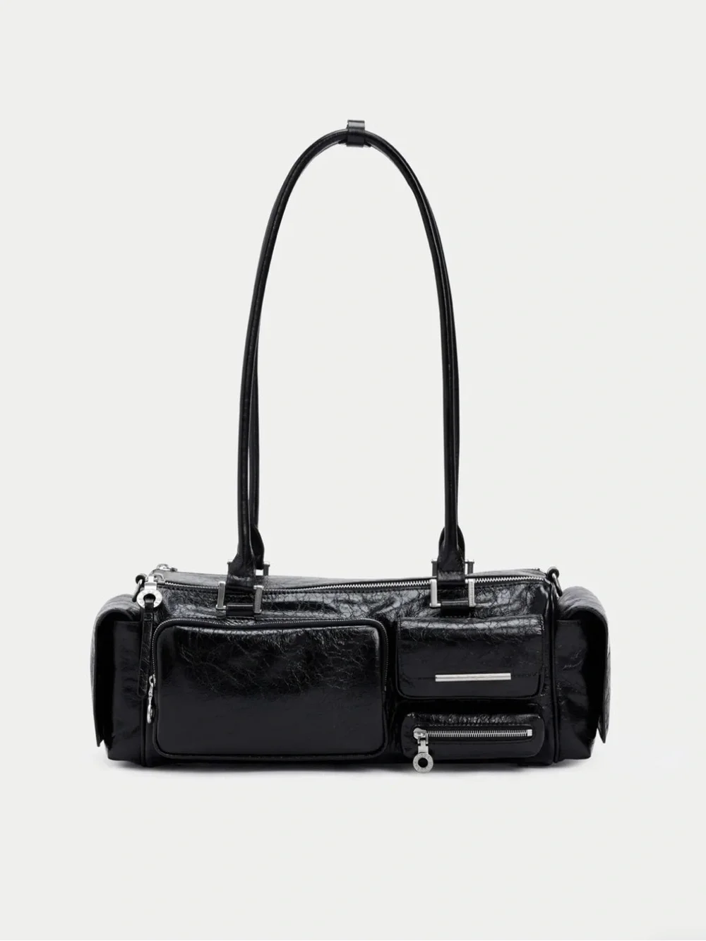 Black Leather Shoulder Bag with Multiple Front Pockets